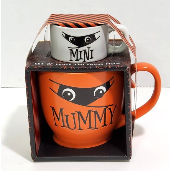 Halloween Mummy & Mini Mug Set Coffee Tea Cup Orange White Holiday Gift New - Picture 2 of 12
